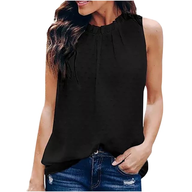 Birdeem T-Shirt d'Été pour Femmes Couleur Unie à Pois Col Rond Sans Manches