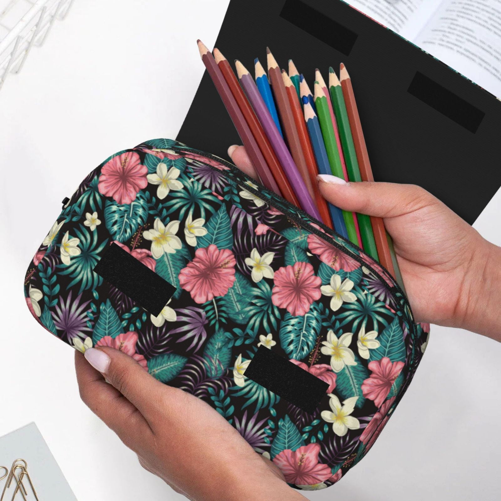 Rateoe Green Tropical Leaves Pattern Double Clamshell Pen Case, Storage Organizer with Two Zipper Compartments– Holds Up to 50 Pencils & Pens