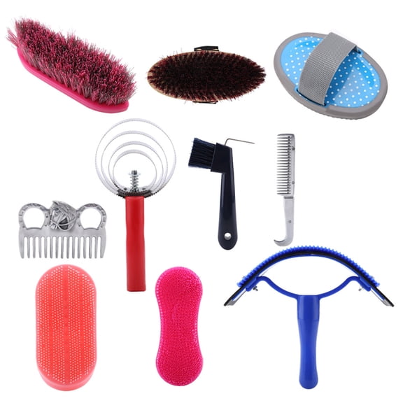 10Pcs Horse Grooming Kit With Sweat Scraper Combs Hoof Pick & Brushes For Equestrian Care
