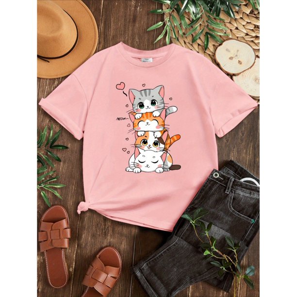 Adorable camiseta de verano con estampado de gato para niñas - Manga corta informal, cuello redondo, tela suave 100 % algodón, diseño de gato de dibujos animados con corazones, perfecta para niñas de
