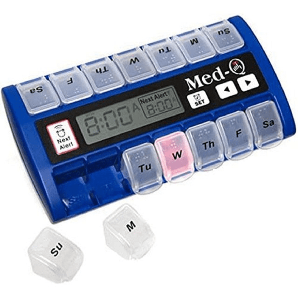 MED-Q Digital Pill Box Organizer, 2 Beep Reminder, LED Alert, Blue