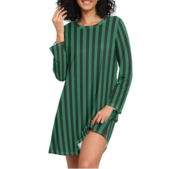 joogoo Green and Black Stripes Women's Long Sleeve Nightgown Sleepwear L