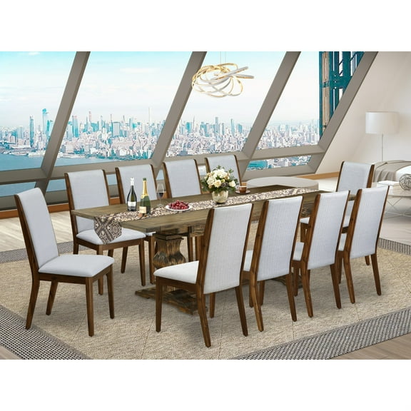East West Furniture 11-PIECE Dining Set Includes a Dinning Room Table and 10 Grey Linen Fabric Mid Century Modern Dining Chairs with High Back - Distressed Jacobean Finish