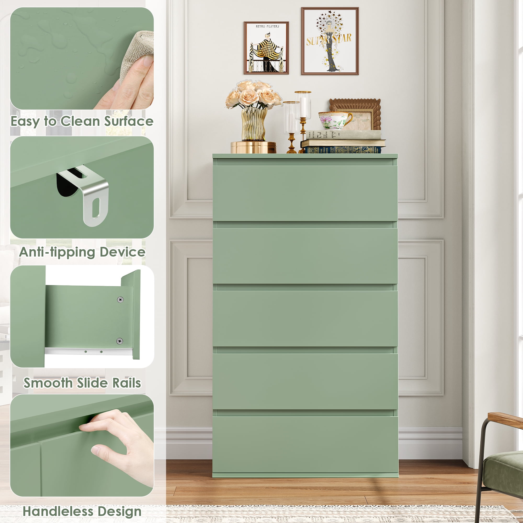 Homfa 5 Drawer Dresser, Modern Storage Cabinet for Bedroom,Tall Chest of Drawers for Living Room，Green