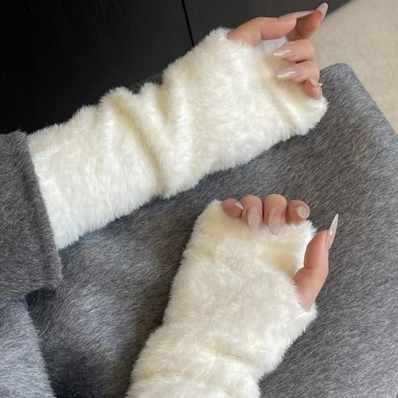 1 Pair Fall Winter Gloves Half Fingers Knitted Faux Fur High Elasticity Non-slip Arm Warmers Pure Color Arm Sleeves Keep Warm Windproof Cycling Arm Covers