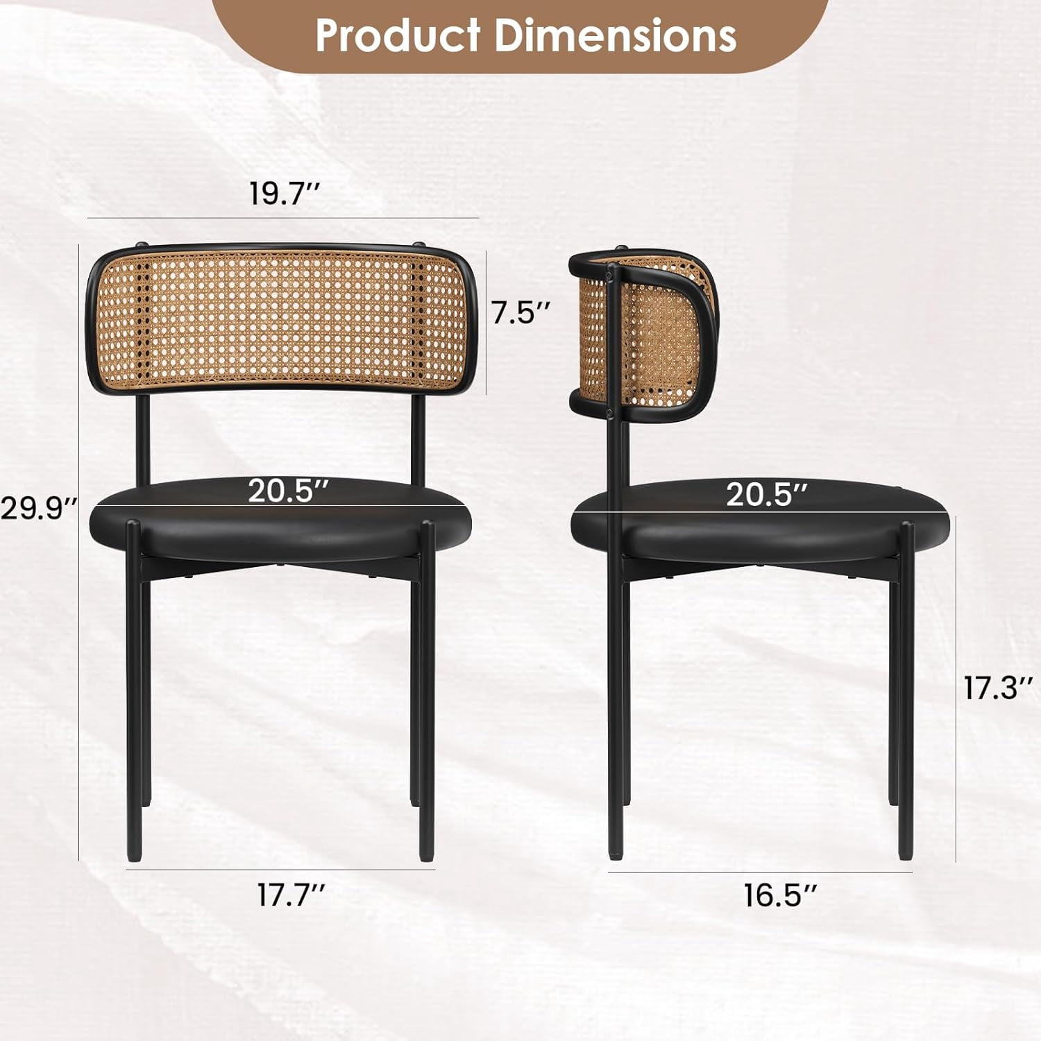 Farini Dining Chairs Set of 4, Upholstered PU Leather & Woven Rattan Side Chairs with Metal Legs for Kitchen, Dining Room, or Cafe, Black