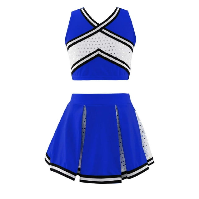 Raenseen Filles Enfants 2 Pcs Tenues d'Uniforme de Cheerleading Haut Sans Manches avec Jupe Plissée Performance sur Scène Bleu Royal 10