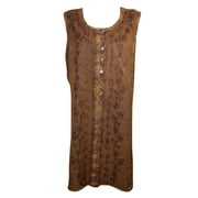Mogul Womens Brown Shift Dress Embroidered Button Front Sleeveless Boho Chic Tank Dresses