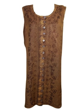 Mogul Womens Brown Shift Dress Embroidered Button Front Sleeveless Boho Chic Tank Dresses