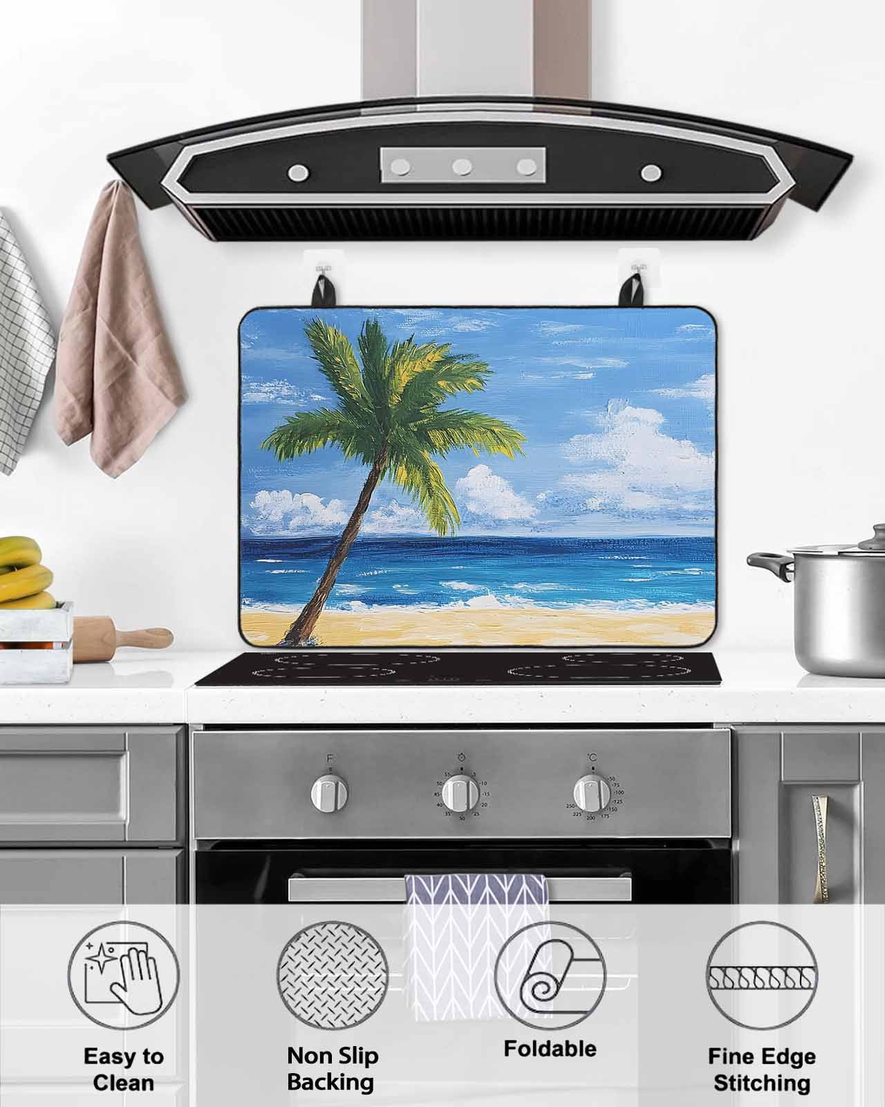 nqOlkjepod Large Induction Cooktop Protector Mat 24"x21", Palm Tree Beach Stove Top Covers for Electric Stove, Summer Ocean Blue Sky Cloudy Scenery Stove Burner Cover Mats, Glass Top Stove Cover