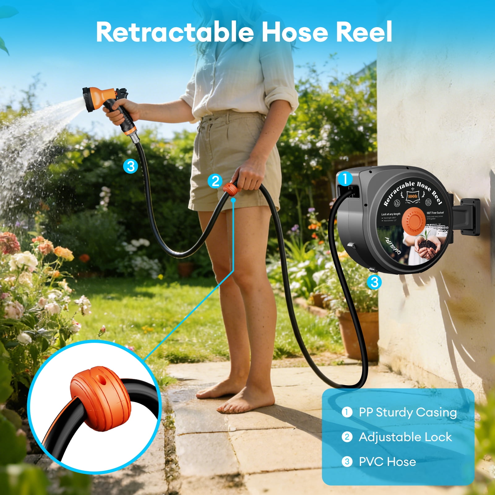 TABU Retractable Garden Hose Reel, 1/2 Inch x 130 FT Hose Reel with 10 Pattern Nozzle, Slow Return System & 180°Swivel Bracket