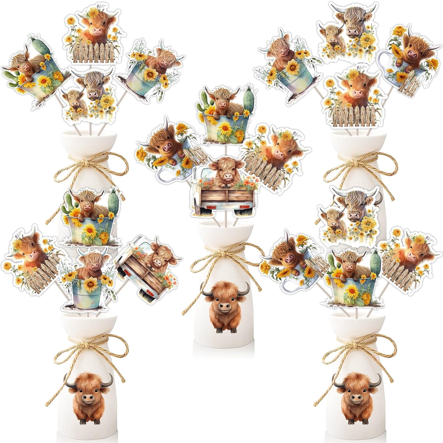 24 Pieces Highland Cow Centerpiece Sticks - Farm Highland Cow Table Toppers, Western Theme Party Decorations, Birthday Party Baby Shower Supplies