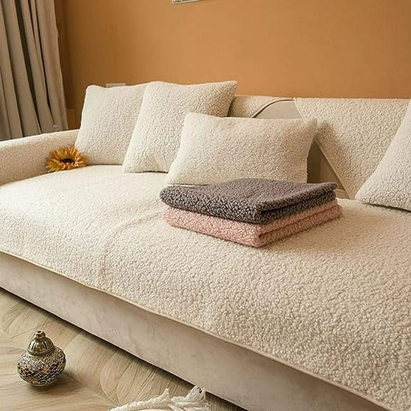 XmhyTop Sherpa Fleece Couch Cover Faux Fur Sofa Slipcover Sectional Couch Covers for Dogs Pets Kids Love Seat Recliner Leather L Shaped, Anti-Slip Sofa Cover, 1 Piece/Not All Set (Beige,27"x27")