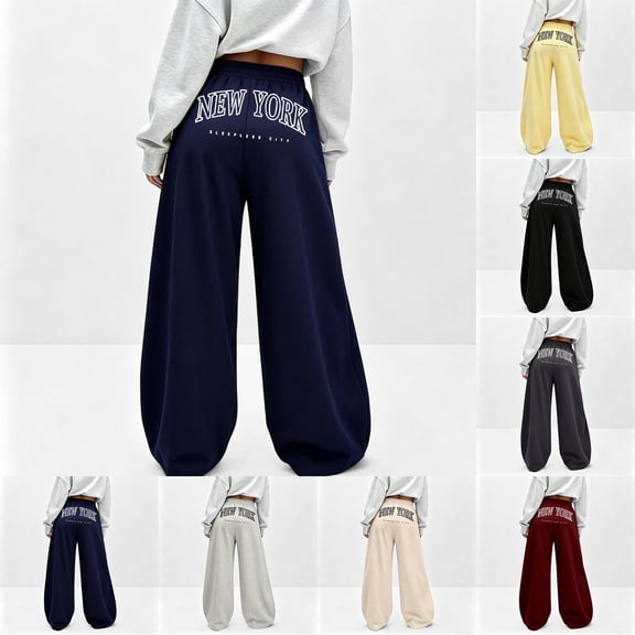 New York Graphic Baggy Sweatpants Trendy Wide Leg Y2k Bow Sweatpants Elastic Waist Drawstring Comfort Sweat Pants for Women