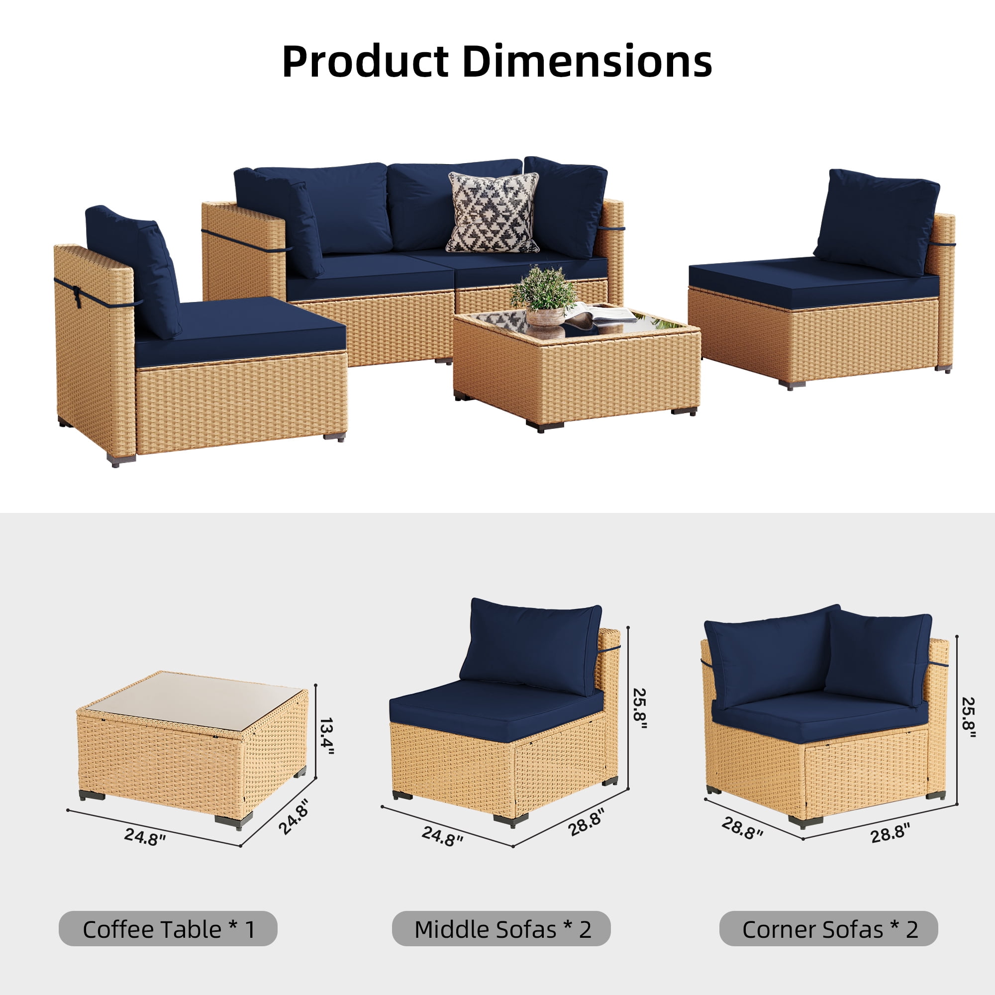 UPHA 5 Pieces Outdoor furniture Sets Patio Sectional Couch Wicker Conversation Sofa for Pools Outside, Gardens, Decks, Yellow Rattan, Navyblue Cushion