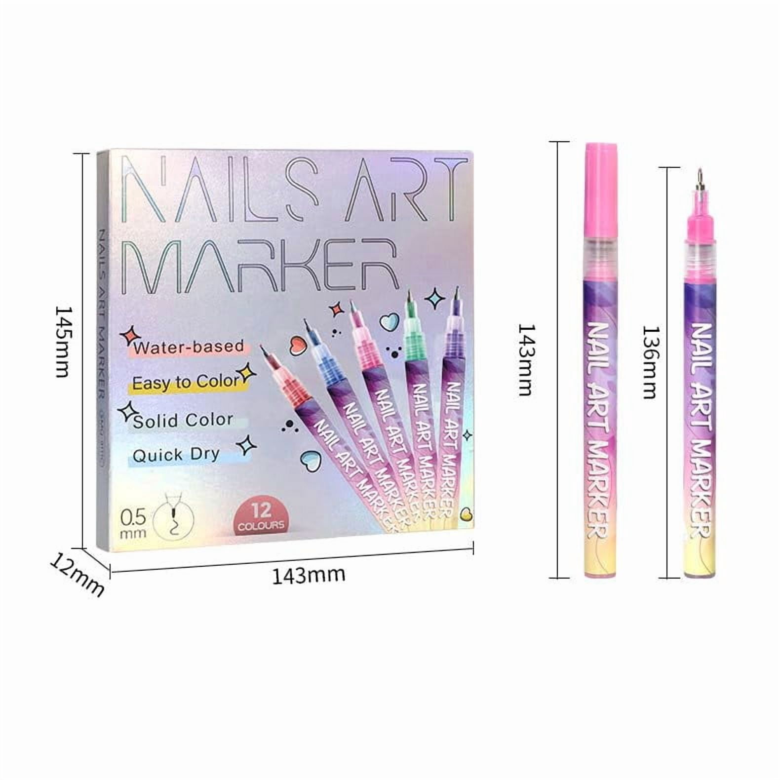 12 Colors Nail Art Pens Set,0.5mm/0.01in Fine Metal Tip,Quick-Dry Water-Based Pigment for Strong Coverage,Non-Toxic & Safe for DIY Gel Nail Design Drawing & Painting