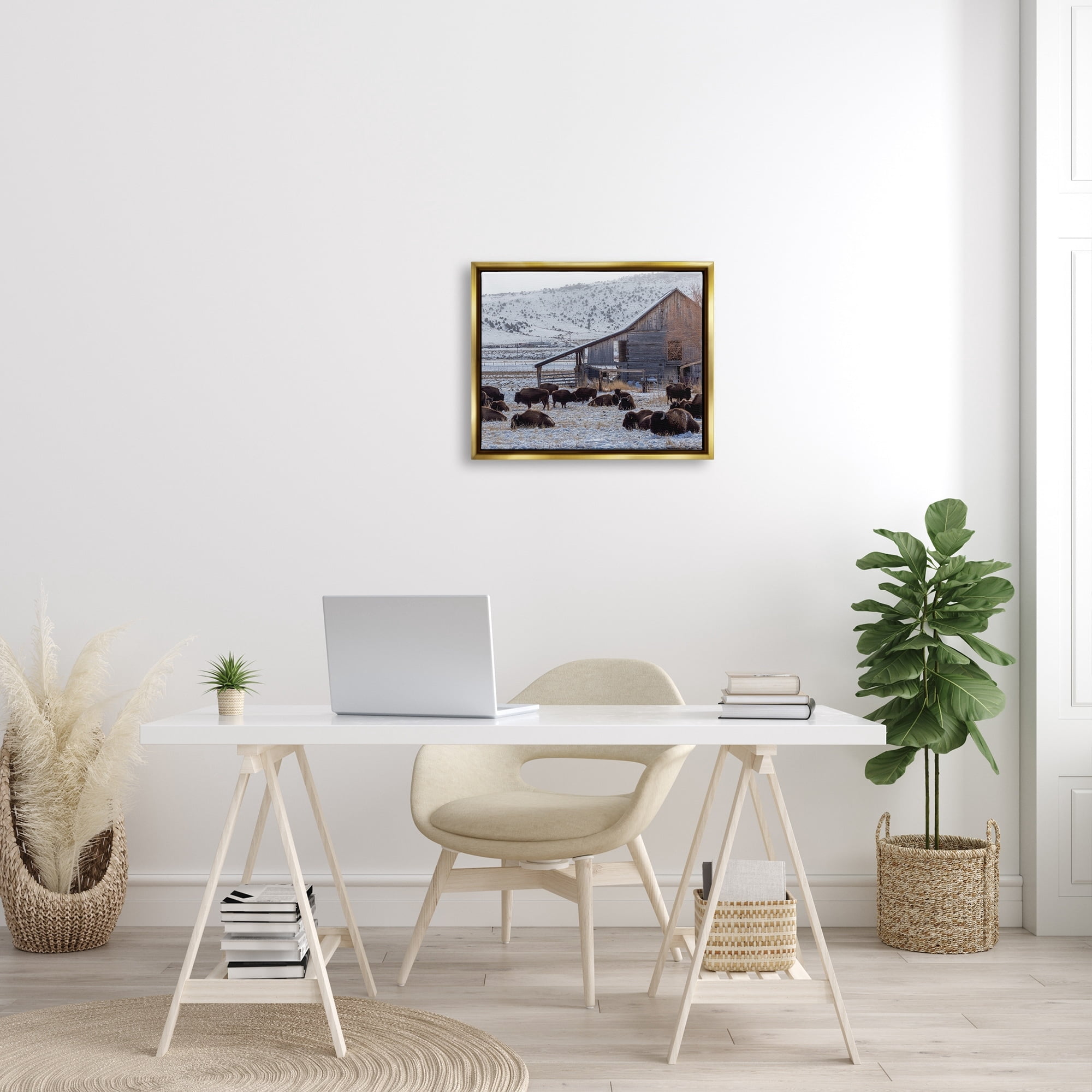 Stupell Industries Grazing Rural Bison Snowy Farmland Barn Scenery Photograph Metallic Gold Floating Framed Canvas Print Wall Art, Design by Jeff Poe Photography