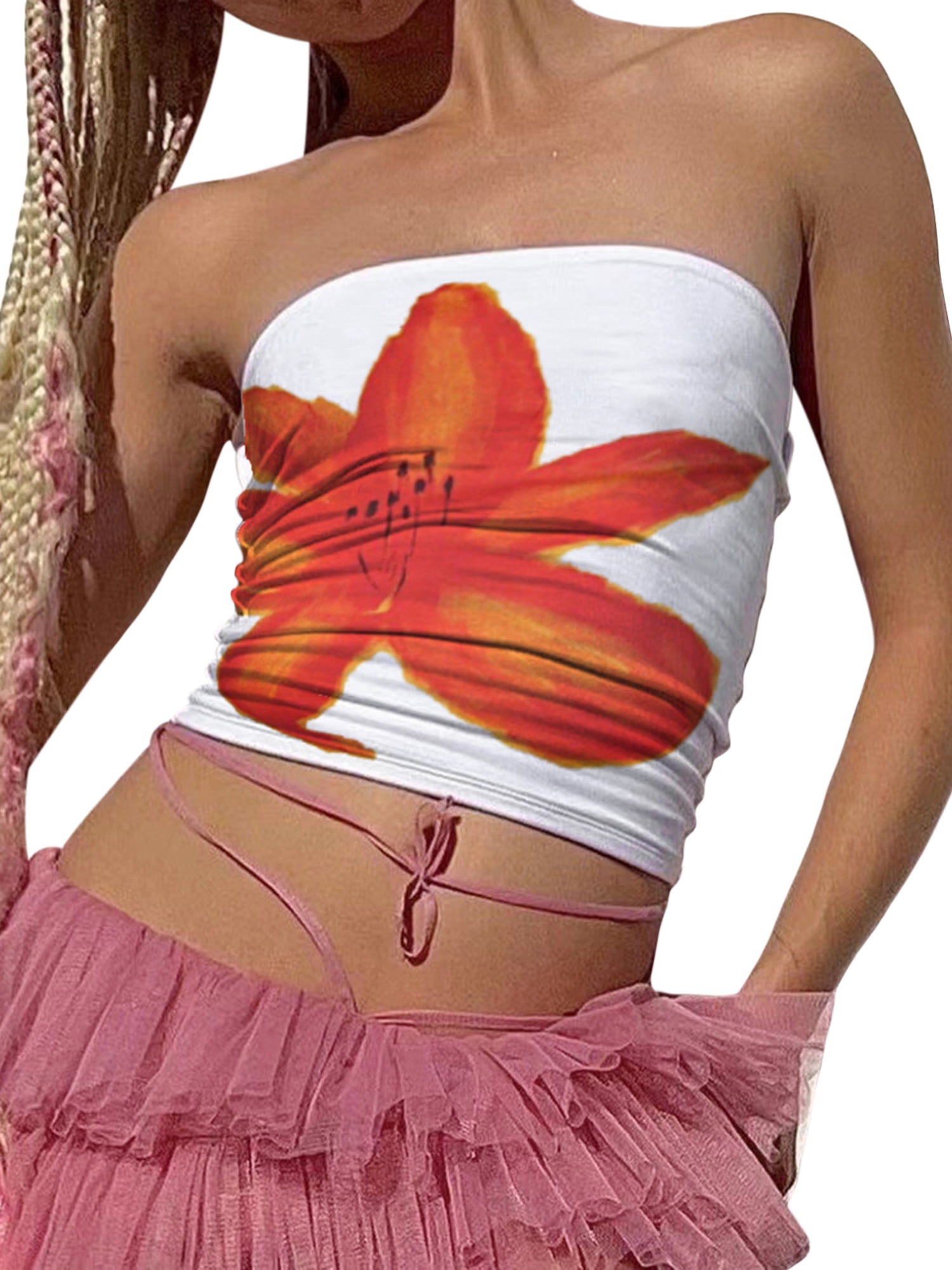 Mialoley Women Tube Tops Flower Print Boat Neck Strapless Tops Tank Tops Summer Backless Bandeau Shirts