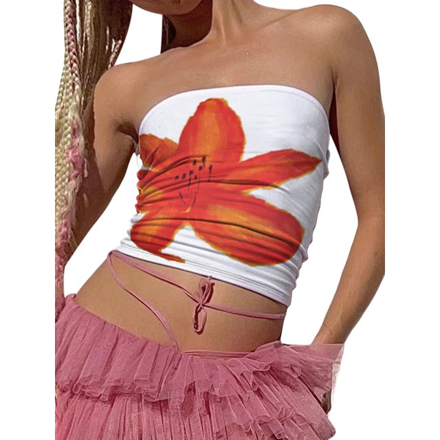 Mialoley Women Tube Tops Flower Print Boat Neck Strapless Tops Tank Tops Summer Backless Bandeau Shirts