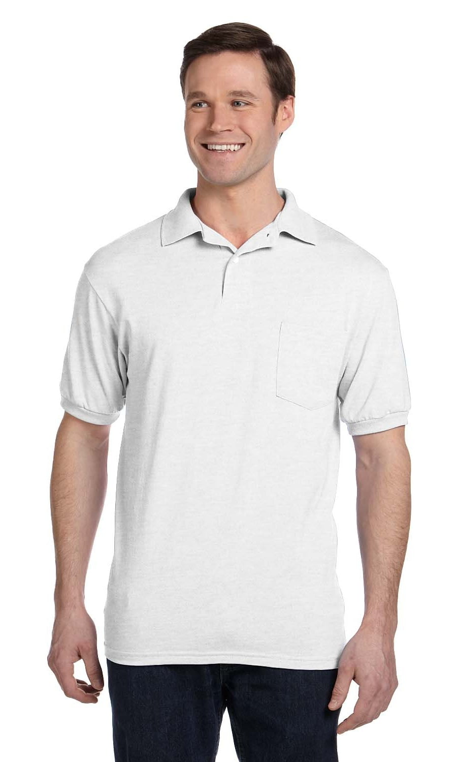 The Hanes Mens 52 oz, 50/50 EcoSmart Jersey Pocket Polo Shirt WHITE
