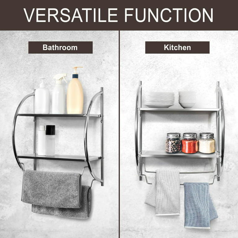 Juvale Wall Mounted 2 Tier Storage Organizer Shelf for Bathroom & Kitchen, Chrome Metal Shower Caddy with 2 Swing Towel Rack