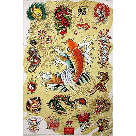 Ed Hardy Japanese Chart 36x24 Tattoo Art Print Poster Roses Flowers Skulls Koi Fish Hidden