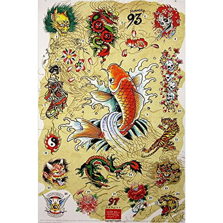 Ed Hardy Japanese Chart 36x24 Tattoo Art Print Poster Roses Flowers ...