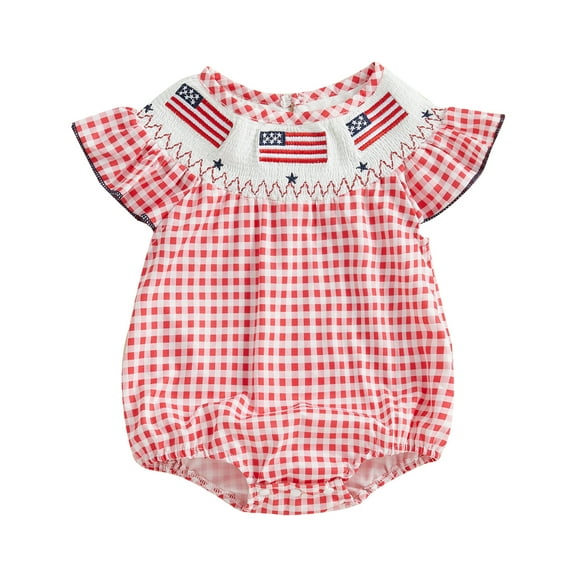 4th Of July Baby Girl Outfit Newborn Smocked Bubble Romper Infant USA Flag Bodysuit Top Summer Patriotic Clothes