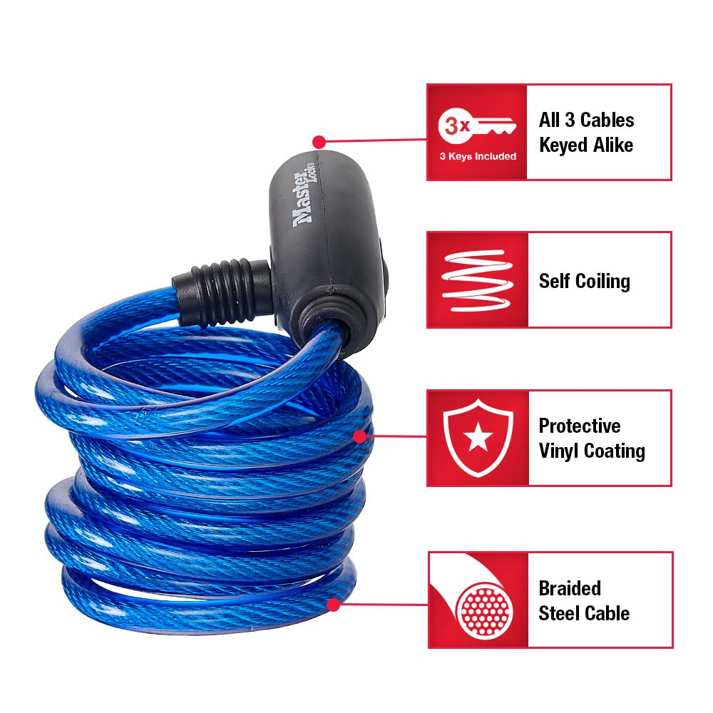 Master Lock Bike Lock Cables with Key, Blue, Green, and Red 3-Pack of Keyed-Alike Bicycle Cable Locks, 6 ft. Long, 8127TRI CA1