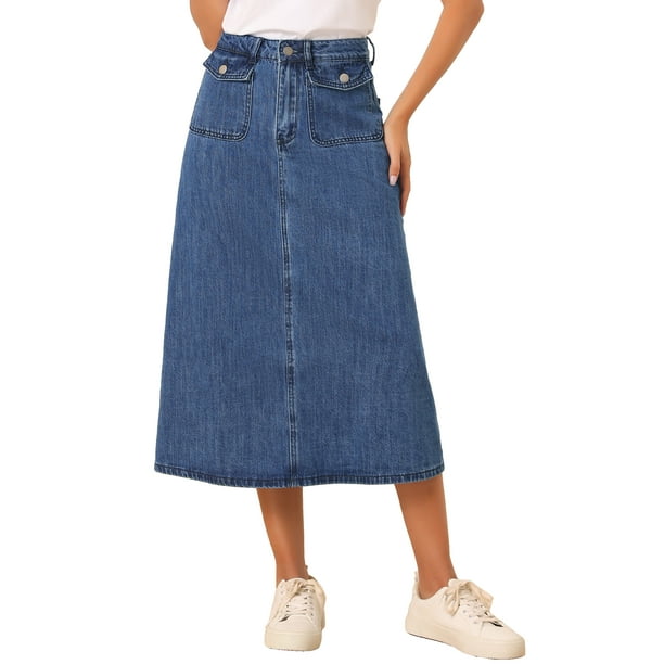Faldas de mezclilla para mujer Inspire Chic, de cintura alta, en línea A, faldas de jean casuales con bolsillos, azul medio M