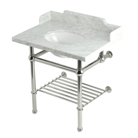 Kingston Brass LMS3030MBB6 Pemberton 30" Carrara Marble Console Sink with Brass Legs and Shelf (8-Inch, 3-Hole), Carrara Marble White/Polished Nickel