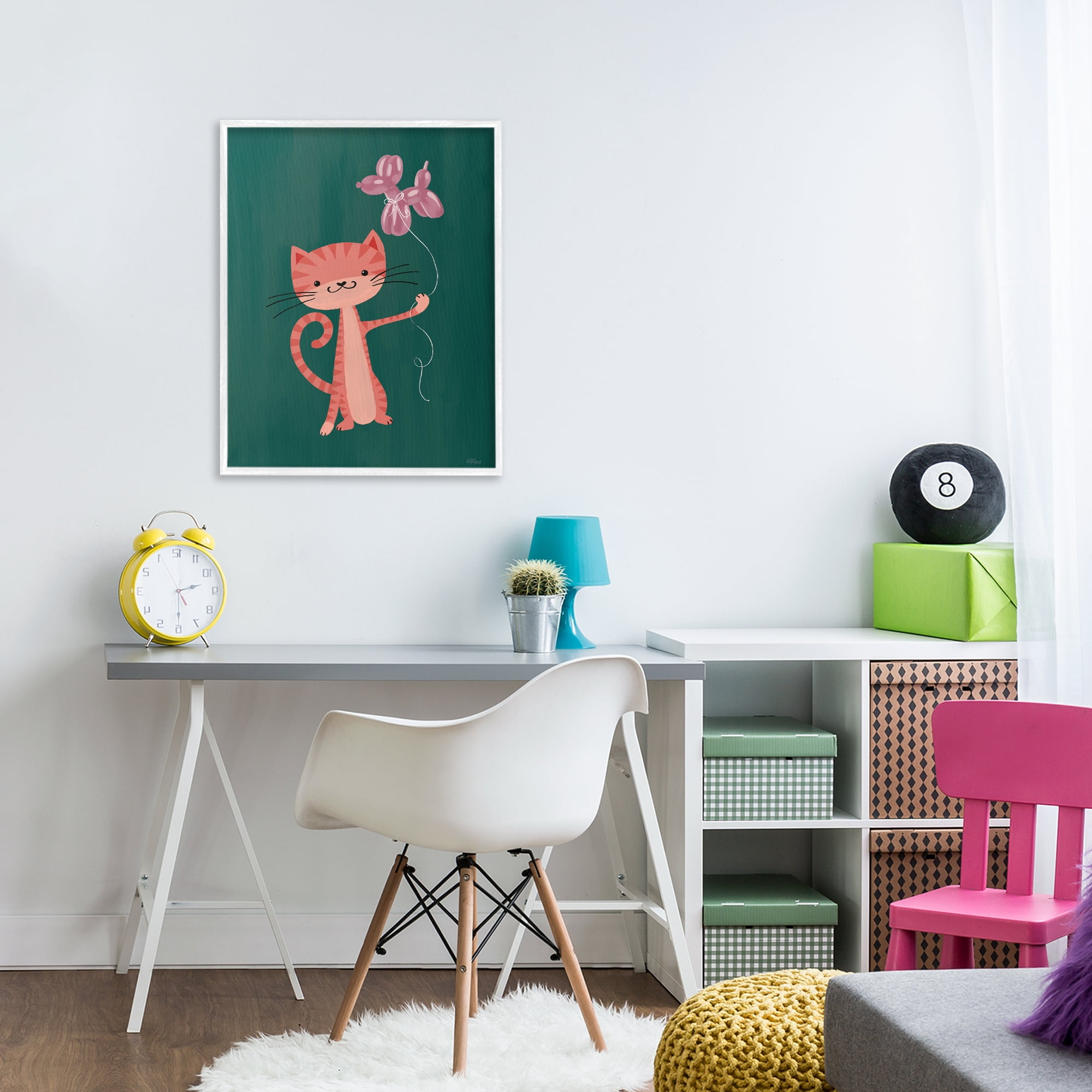 Stupell Industries Balloon Buddy Cat White Framed Giclee Art, design by Cat Thurman Designs
