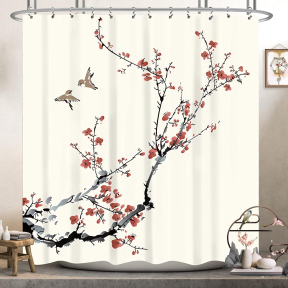 Cherry Blossom Shower Curtain 72Wx72H Inch Floral Sakura Pink Plum Buds Asian Style Japanese Chinese Painting Birds Fabric Polyester Waterproof Fabric 12 Pack Plastic Hooks RY-OUCG