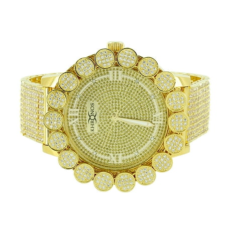 Custom Bezel - Flower Bezel Custom Watch Yellow Gold Finish Iced Out Genuine Diamond Dial Khronos On Sale