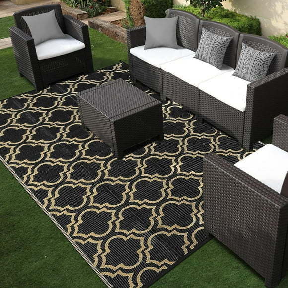 EcoNesxp 8x10 Black and Beige Large Reversible Portable Outdoor Porch Rug