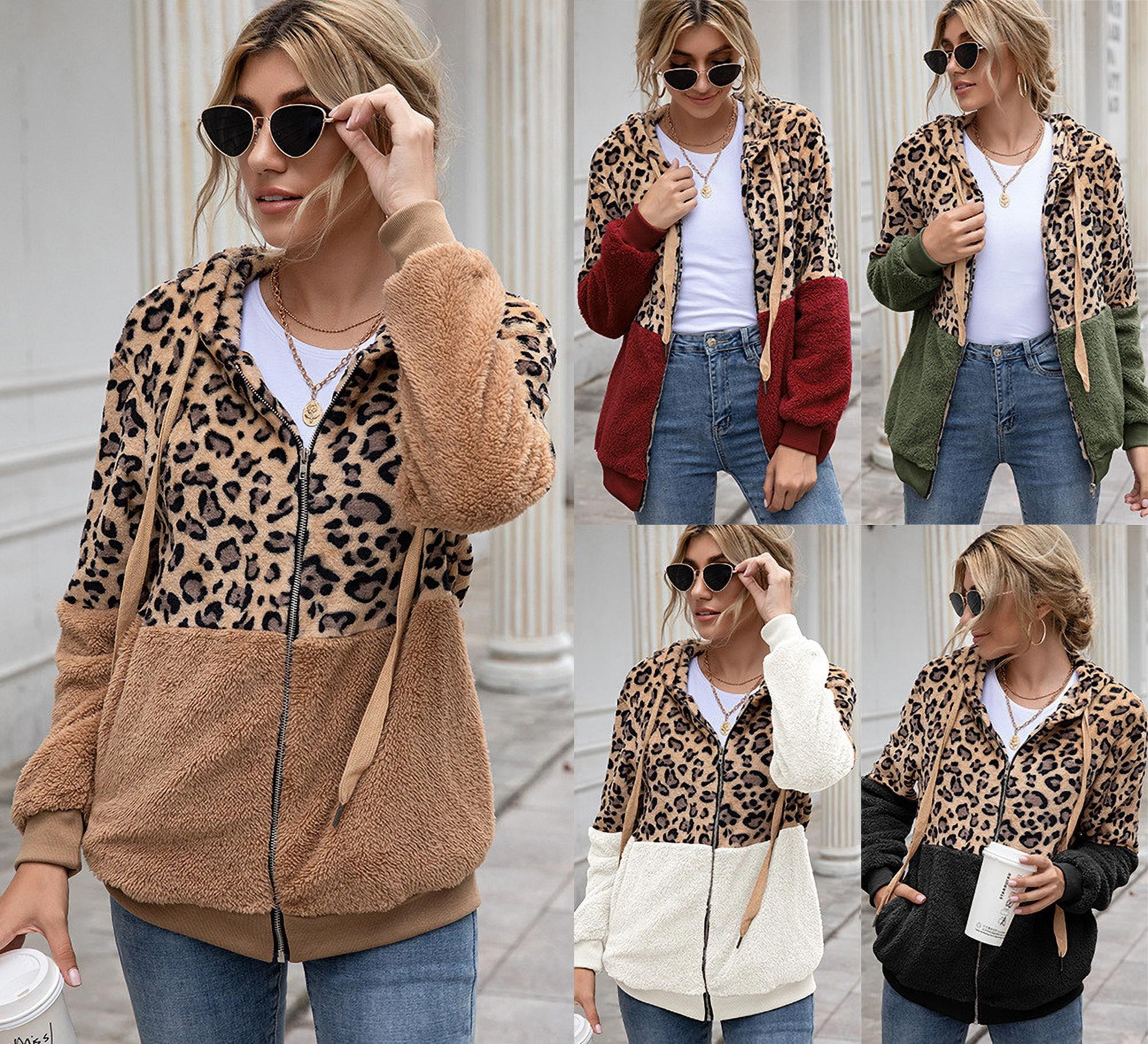 Womens Leopard Print Hoodie Patchwork Fleece Zipper Jacket with Pockets, Black, XL