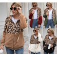 thumbnail image 1 of Womens Leopard Print Hoodie Patchwork Fleece Zipper Jacket with Pockets, Black, XL, 1 of 4