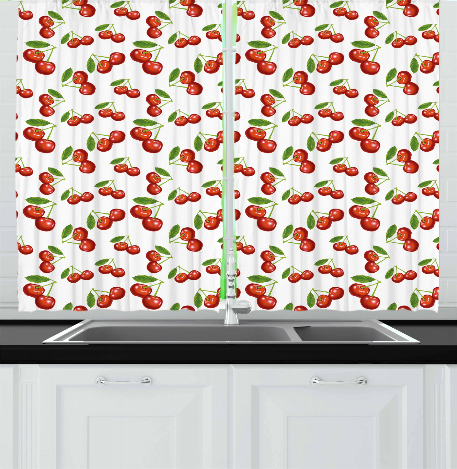 Kitchen curtain Cherries & polka Dots Complete full set Tier and Valance red 
