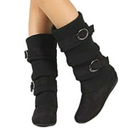 Lucky Top Girls Kids Slouchy Double Buckle Mid Calf Sweater Flat Winter Boots BLACK 9