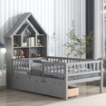 thumbnail image 2 of Twin Size Platform Bed with 2 Drawers, Solid Wood Platform Bed Frame with Fence Guardrails and House-shaped Headboard Bookshelves for Teens Boys and Girls,Gray, 2 of 7