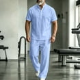 thumbnail image 2 of JUUYY Men's 2 Piece Cotton Linen Sets Casual Short Sleeve Button Up Shirts and Straight Leg Pants Set Loose Beach Vacation Outfits Sky Blue XXL, 2 of 6