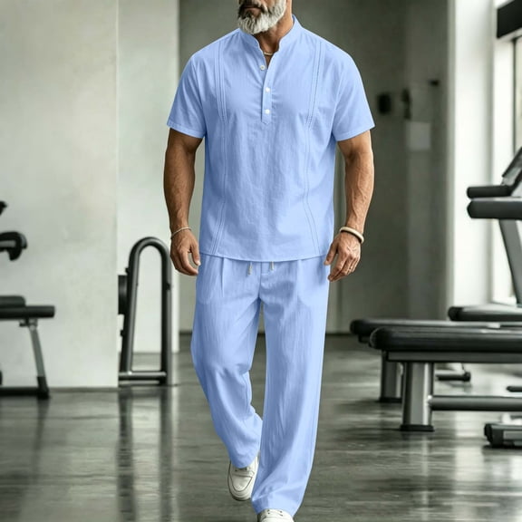 LEKWK Men Linen Sets Outfits 2 Piece Short Sleeve Henley Loose Fit Tops and Elastic Waist Wide Leg Pants Lightweight Solid Summer Beach Vacation Casual Wear