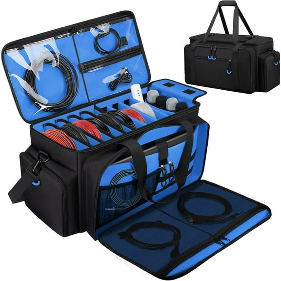 Large Dj Cable Bag with Laptop and Microphone Pocket, Dj Bag for Equipment and Music Accessories with Detachable Dividers, Bottom Pad, Dj Gig Bags for Musicians, Professional, Travel, Blue