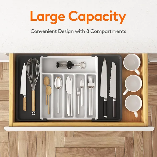 Silverware Drawer Organizer, Expandable Utensil Tray for Kitchen, BPA Free Flatware and Cutlery Holder, Adjustable Plastic Storage for Spoons Forks Knives, 13-22 x 15", White&Black
