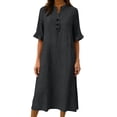 thumbnail image 4 of Atogsazn Women's Summer Linen Midi Dress Loose Button Short Sleeve Crew Neck Sundress Flowy Casual Dresses Dark Gray L Fashion, 4 of 7