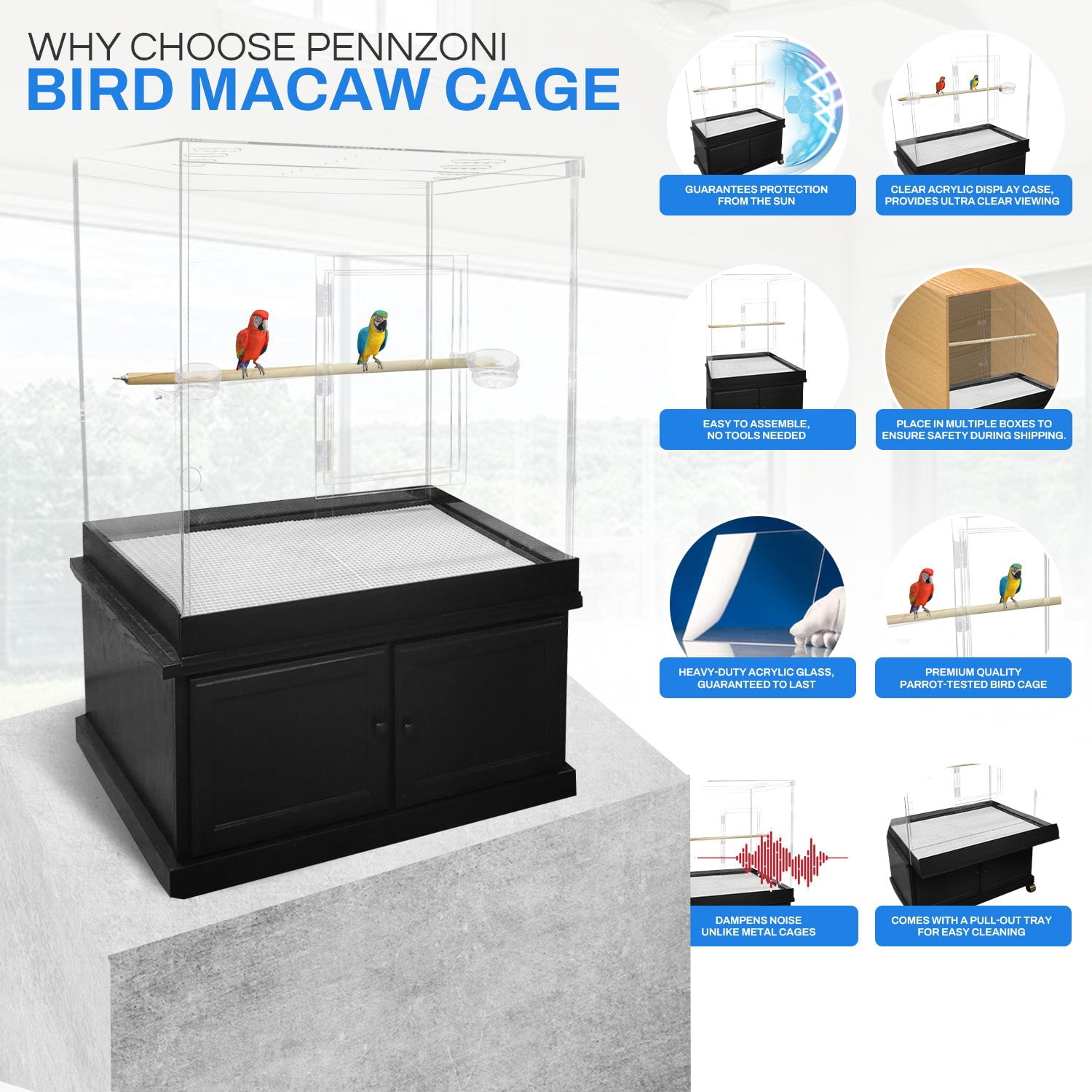 PENNZONI Extra Large Bird Cage for Macaws & Parrots, Crystal Clear Acrylic Cage, No Base
