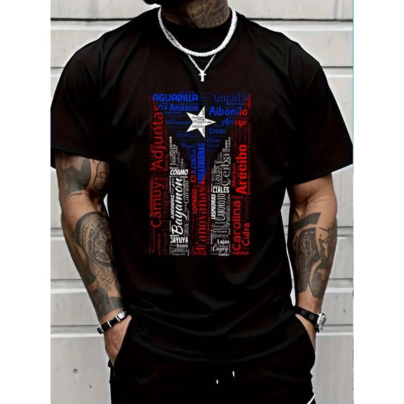 Puerto Rican Flag Shirt With Towns And Cities Of Puerto Rico Men's Cotton Crew Neck Graphic Tee Casual Short Sleeve Solid T-Shirt