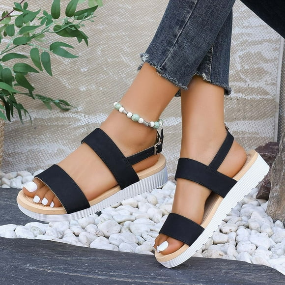 SEANOPEN Deals Platform Wedges Sandals for Women, Ankle Strap Open Toe Wedge Espadrilles Sandals, Ankle-Strap Comfortable Casual Summer Wedges Shoes Espadrilles Heel Shoes Size 7 Black