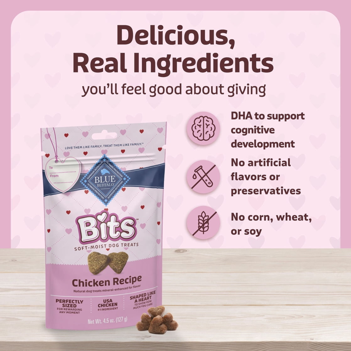 Blue Buffalo Bits Valentine Soft Dog Treats for Training, Chicken Recipe, Enhanced with DHA, 4.5oz Bag