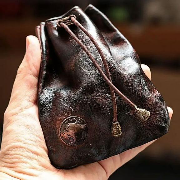 [Leather Coin Bag] 1pc Leather Coin Bag - Leather Drawstring Pouch - Change Holder For Men & Women - Valentine's Day Gifts Money Clip Coin Purse